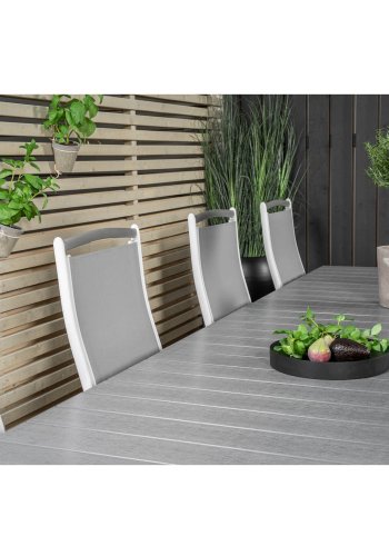 VENTURE DESIGN havest m. Levels bord m. udtrk og 8 Albany stole m. recliner - gr aintwood/textile