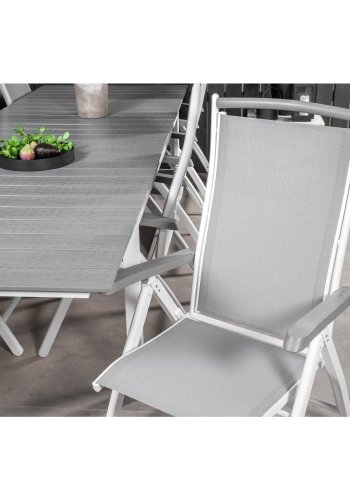 VENTURE DESIGN havest m. Levels bord m. udtrk og 8 Albany stole m. recliner - gr aintwood/textile