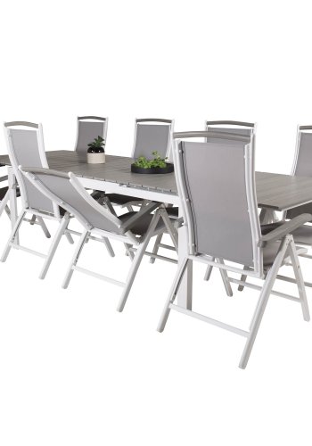 VENTURE DESIGN havest m. Levels bord m. udtrk og 8 Albany stole m. recliner - gr aintwood/textile