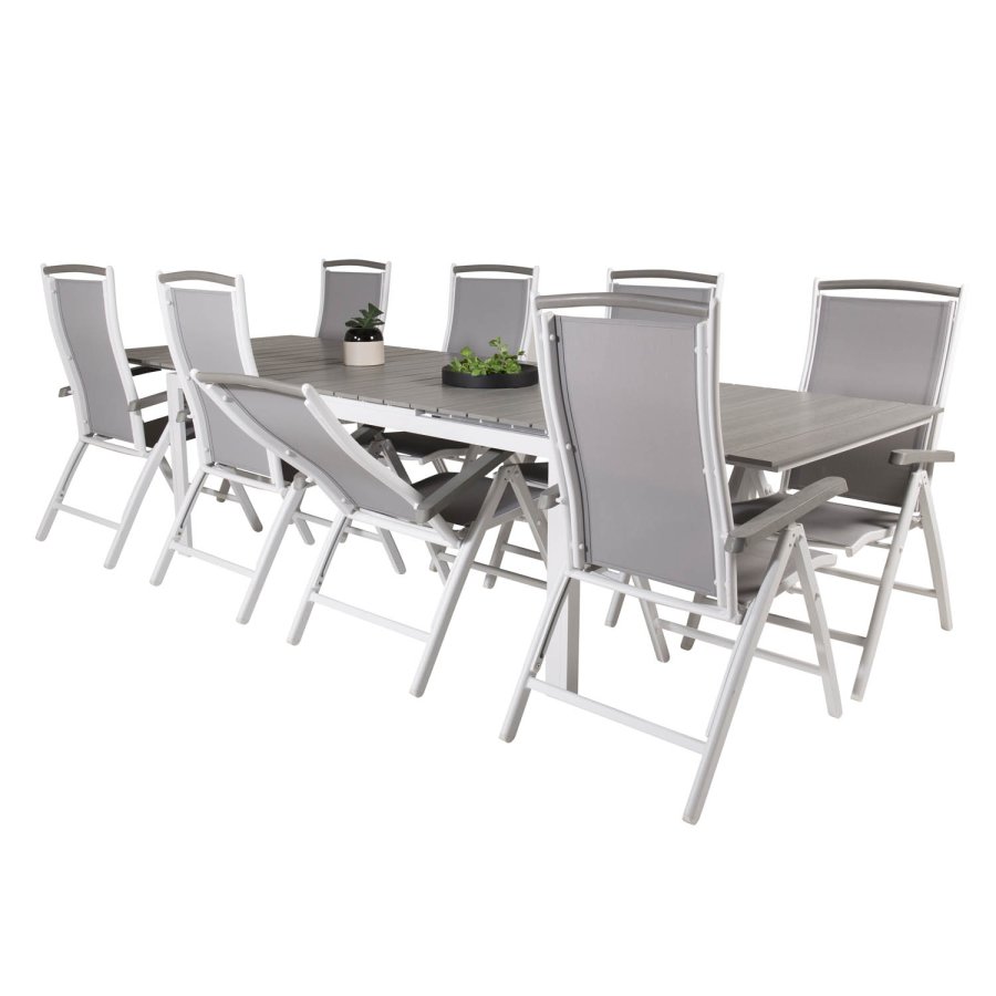 VENTURE DESIGN havest m. Levels bord m. udtrk og 8 Albany stole m. recliner - gr aintwood/textile