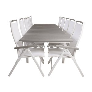 VENTURE DESIGN havest m Levels bord m udtrk og 10 Albany stole m. recliner - gr aintwood/hvid alu