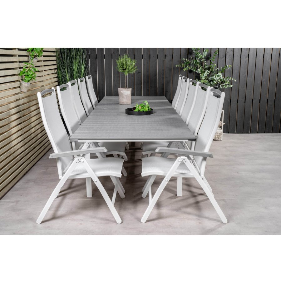 VENTURE DESIGN havest m Levels bord m udtrk og 10 Albany stole m. recliner - gr aintwood/hvid alu