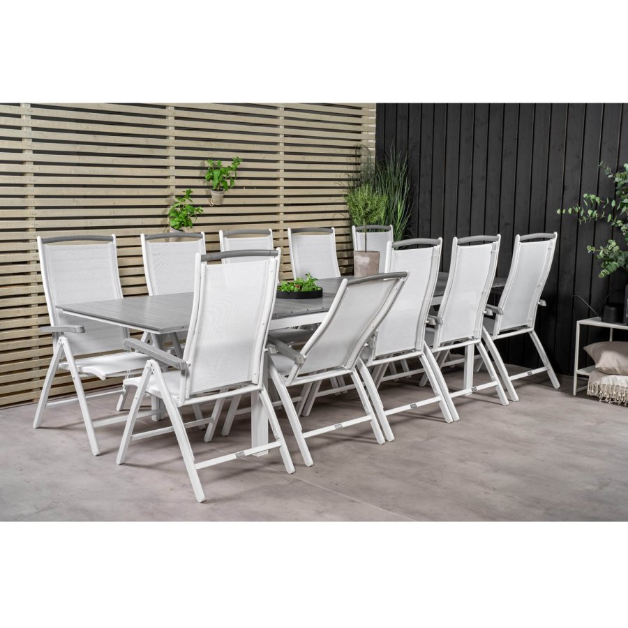 VENTURE DESIGN havest m Levels bord m udtrk og 10 Albany stole m. recliner - gr aintwood/hvid alu