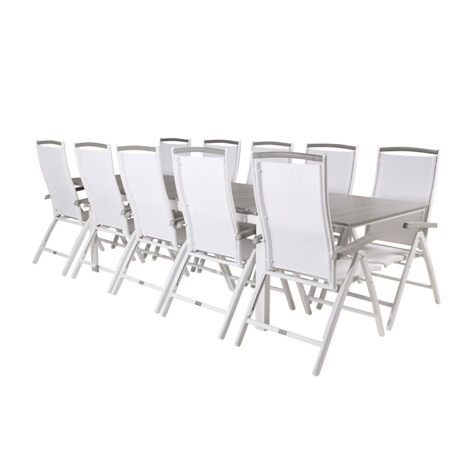VENTURE DESIGN havest m Levels bord m udtrk og 10 Albany stole m. recliner - gr aintwood/hvid alu