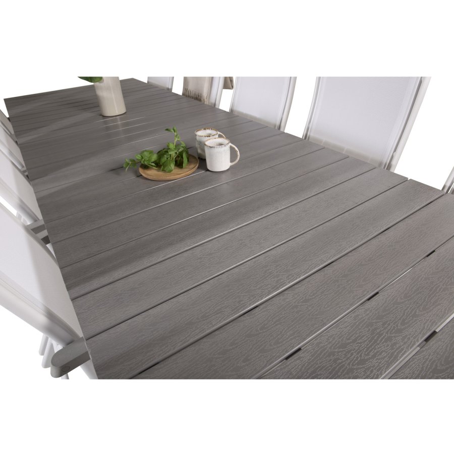 VENTURE DESIGN havest m Levels bord m udtrk og 10 Albany stole m. recliner - gr aintwood/hvid alu