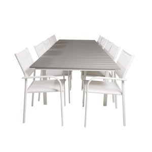 VENTURE DESIGN havest m Levels bord m udtrk og 10 Santorini stole m armln - gr aintwood/hvid alu