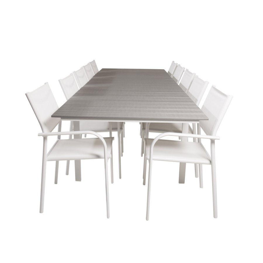 VENTURE DESIGN havest m Levels bord m udtrk og 10 Santorini stole m armln - gr aintwood/hvid alu