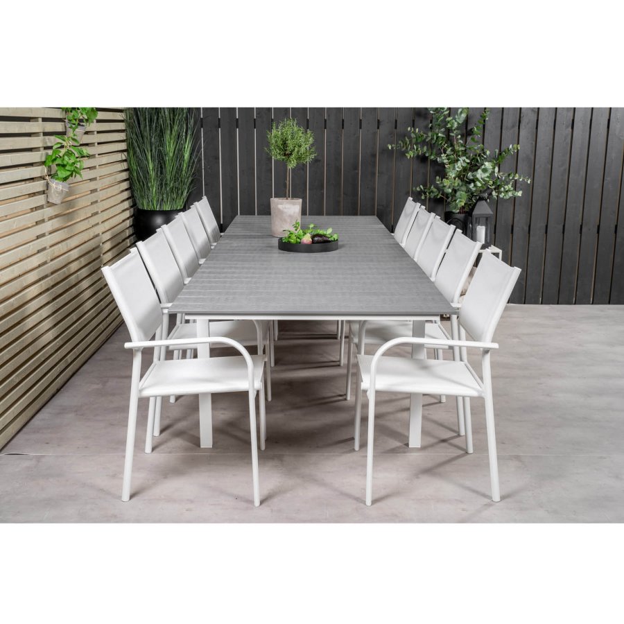 VENTURE DESIGN havest m Levels bord m udtrk og 10 Santorini stole m armln - gr aintwood/hvid alu