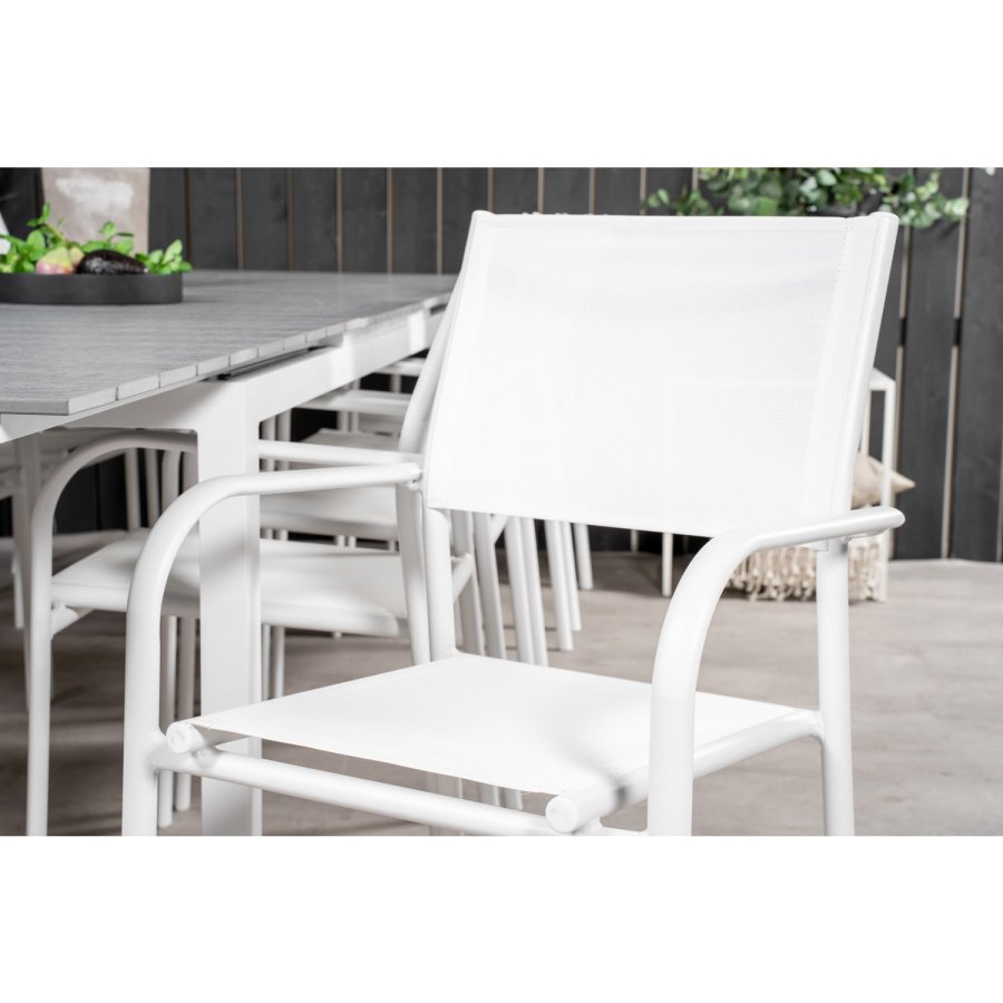 VENTURE DESIGN havest m Levels bord m udtrk og 10 Santorini stole m armln - gr aintwood/hvid alu