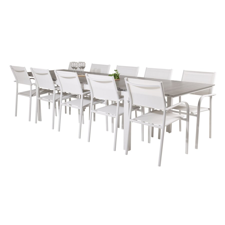 VENTURE DESIGN havest m Levels bord m udtrk og 10 Santorini stole m armln - gr aintwood/hvid alu