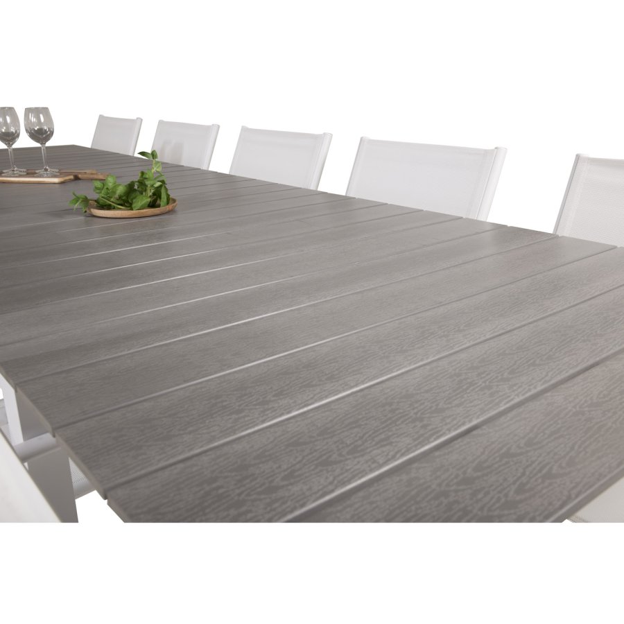 VENTURE DESIGN havest m Levels bord m udtrk og 10 Santorini stole m armln - gr aintwood/hvid alu