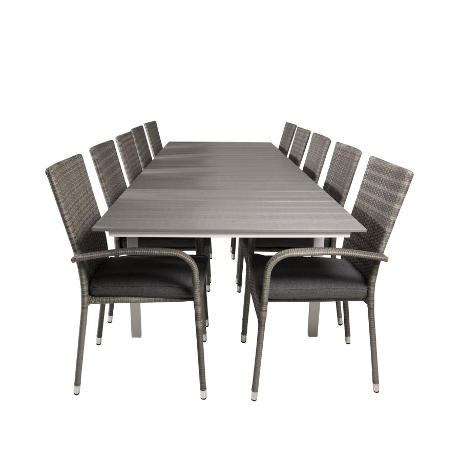 VENTURE DESIGN Gartenset mit Levels Tisch mit Verlängerung und 10 Anna Stühlen mit Armlehnen – graues Aintwood/Rattan