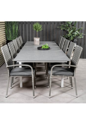 VENTURE DESIGN Gartenset mit Levels Tisch mit Verlängerung und 10 Anna Stühlen mit Armlehnen – graues Aintwood/Rattan