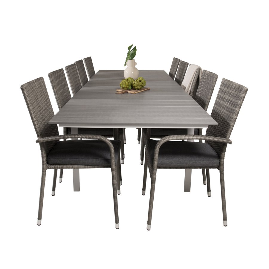 VENTURE DESIGN Gartenset mit Levels Tisch mit Verlängerung und 10 Anna Stühlen mit Armlehnen – graues Aintwood/Rattan