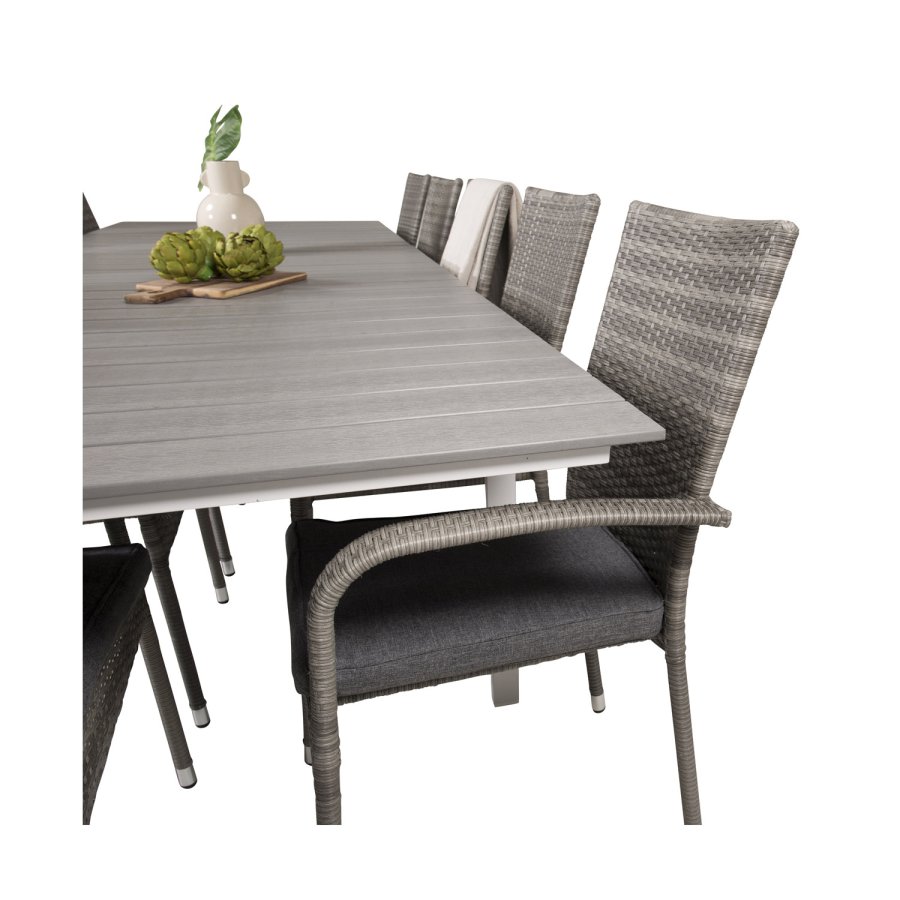 VENTURE DESIGN Gartenset mit Levels Tisch mit Verlängerung und 10 Anna Stühlen mit Armlehnen – graues Aintwood/Rattan