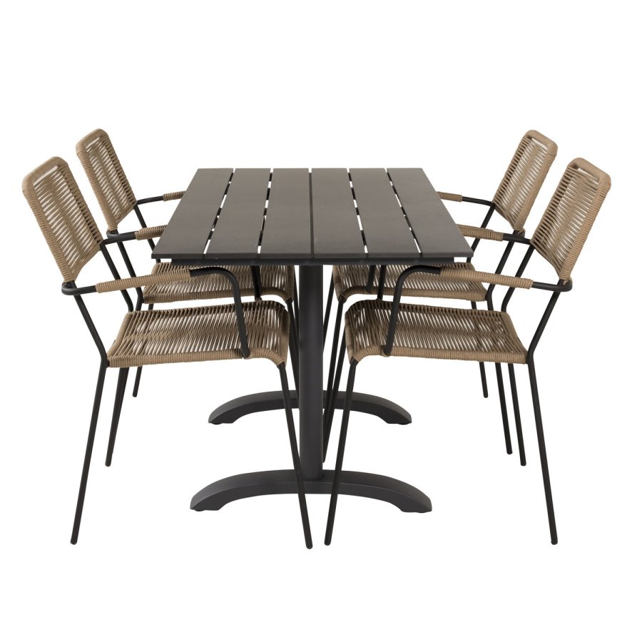 VENTURE DESIGN havest, m. Denver cafébord (120x70) og 4 Lindos stole - sort aintwood/alu/latte reb 