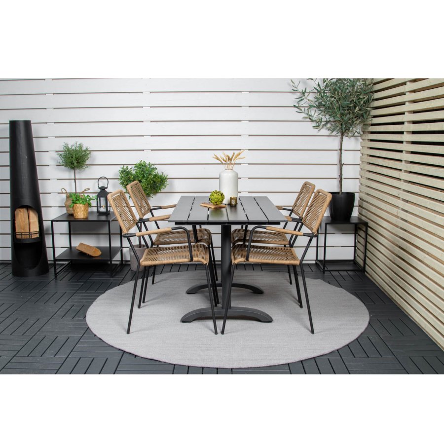 VENTURE DESIGN havest, m. Denver cafébord (120x70) og 4 Lindos stole - sort aintwood/alu/latte reb 