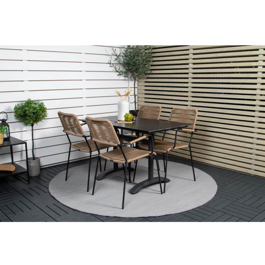 VENTURE DESIGN havest, m. Denver cafébord (120x70) og 4 Lindos stole - sort aintwood/alu/latte reb 