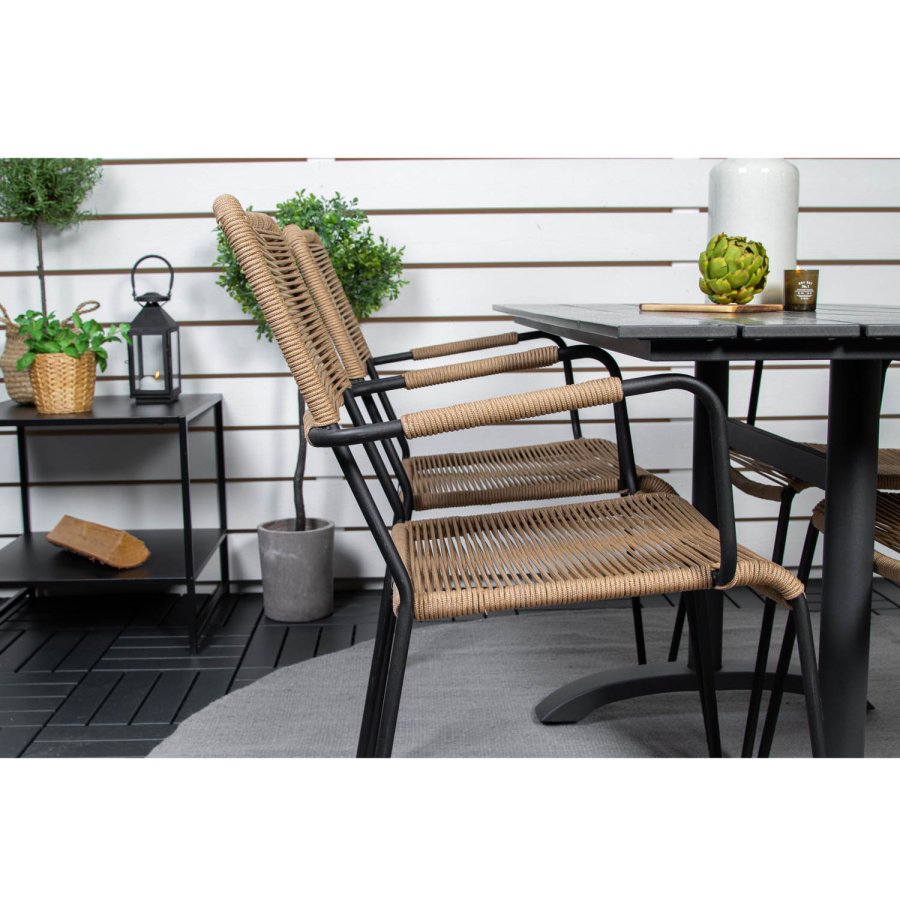 VENTURE DESIGN havest, m. Denver cafébord (120x70) og 4 Lindos stole - sort aintwood/alu/latte reb 