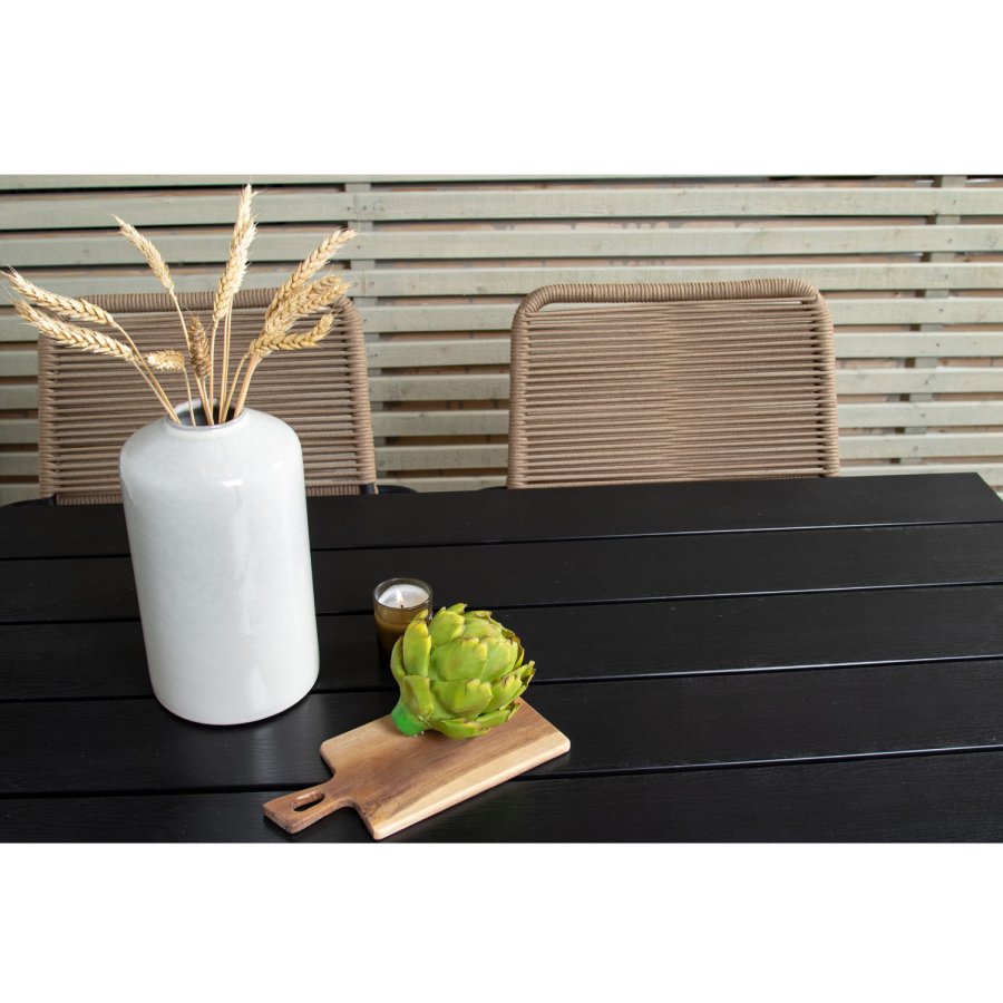 VENTURE DESIGN havest, m. Denver cafébord (120x70) og 4 Lindos stole - sort aintwood/alu/latte reb 