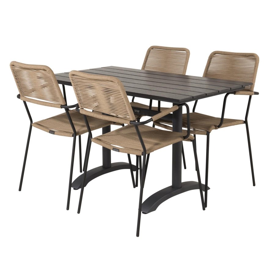 VENTURE DESIGN havest, m. Denver cafébord (120x70) og 4 Lindos stole - sort aintwood/alu/latte reb 