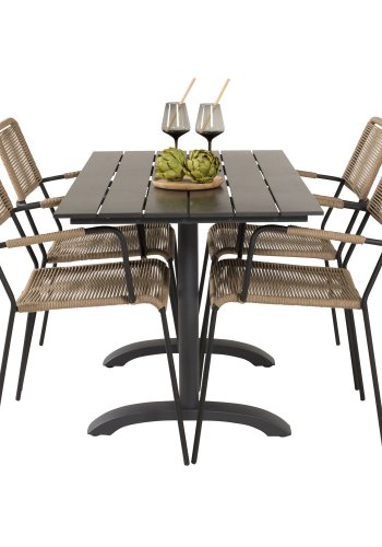 VENTURE DESIGN havest, m. Denver cafébord (120x70) og 4 Lindos stole - sort aintwood/alu/latte reb 