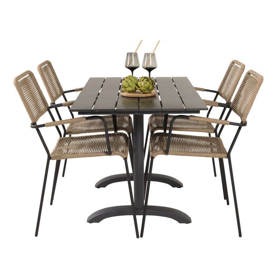 VENTURE DESIGN havest, m. Denver cafébord (120x70) og 4 Lindos stole - sort aintwood/alu/latte reb 