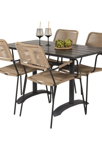 VENTURE DESIGN havest, m. Denver cafébord (120x70) og 4 Lindos stole - sort aintwood/alu/latte reb 