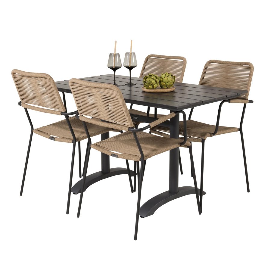 VENTURE DESIGN havest, m. Denver cafébord (120x70) og 4 Lindos stole - sort aintwood/alu/latte reb 