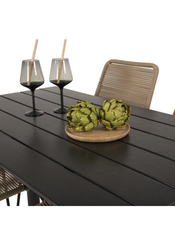 VENTURE DESIGN havest, m. Denver cafébord (120x70) og 4 Lindos stole - sort aintwood/alu/latte reb 