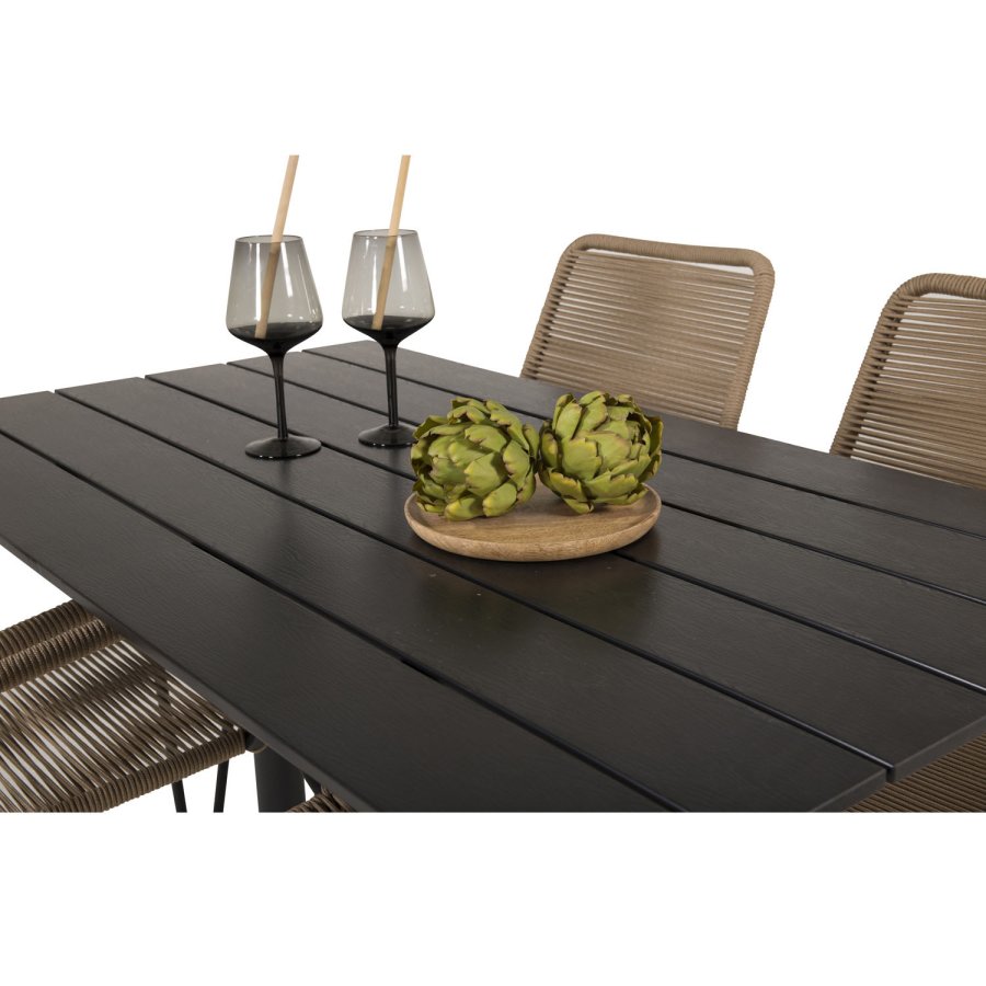 VENTURE DESIGN havest, m. Denver cafébord (120x70) og 4 Lindos stole - sort aintwood/alu/latte reb 