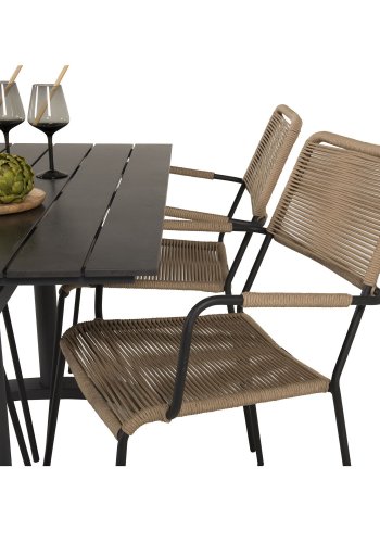 VENTURE DESIGN havest, m. Denver cafébord (120x70) og 4 Lindos stole - sort aintwood/alu/latte reb 