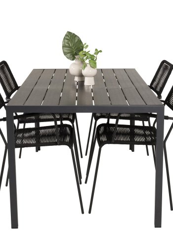 VENTURE DESIGN havest, m. Break havebord (150x90) og 4 Lindos stole - sort aintwood/alu/reb 