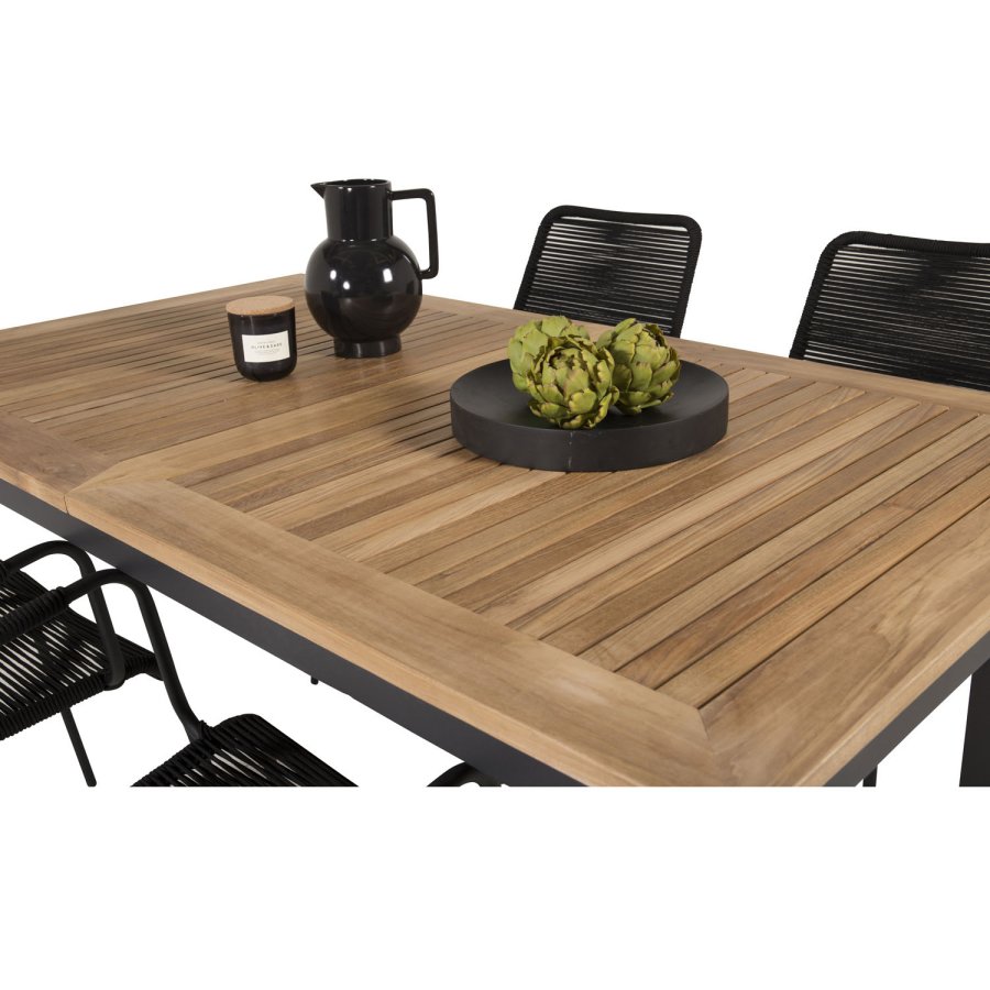 VENTURE DESIGN havest, m. Panama bord, m. udtrk og 4 Lindos stole - natur teak/sort alu/sort reb