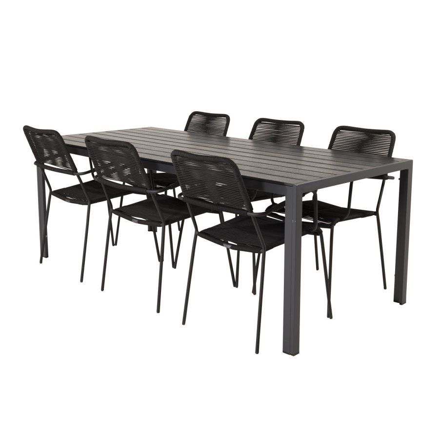 VENTURE DESIGN havest, m. Break bord (205x90) og 6 Lindos stole, m. armln - aintwood/alu/reb