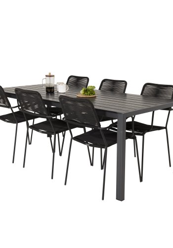 VENTURE DESIGN havest, m. Break bord (205x90) og 6 Lindos stole, m. armln - aintwood/alu/reb