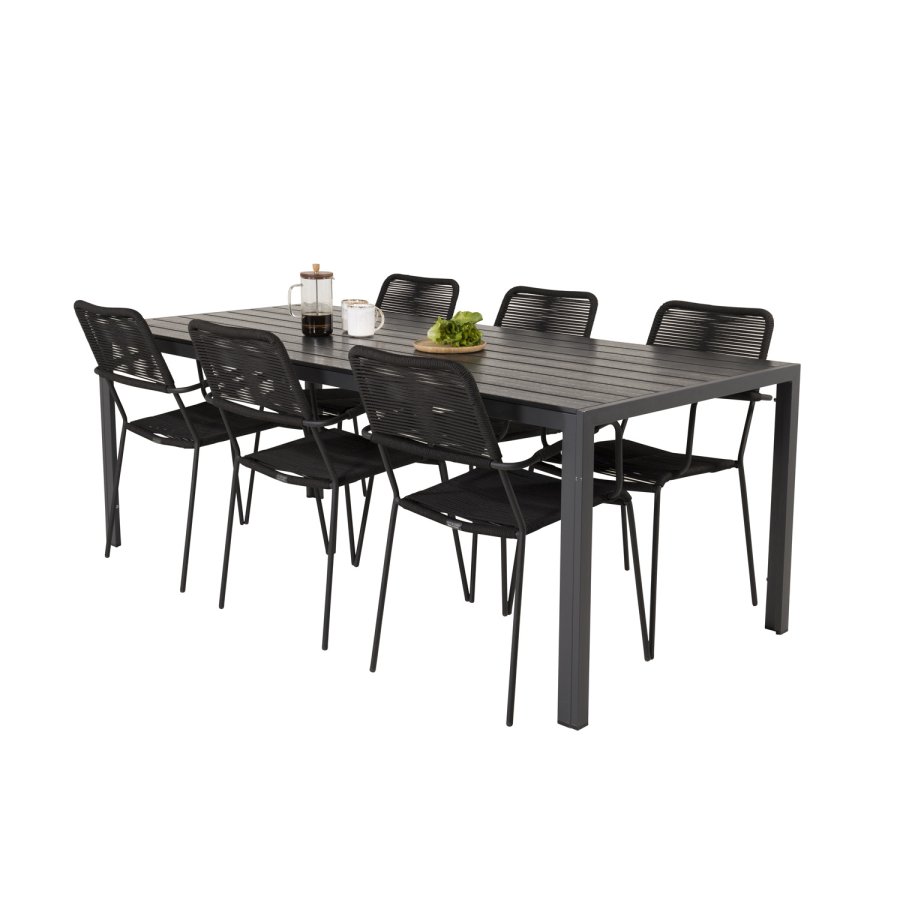 VENTURE DESIGN havest, m. Break bord (205x90) og 6 Lindos stole, m. armln - aintwood/alu/reb