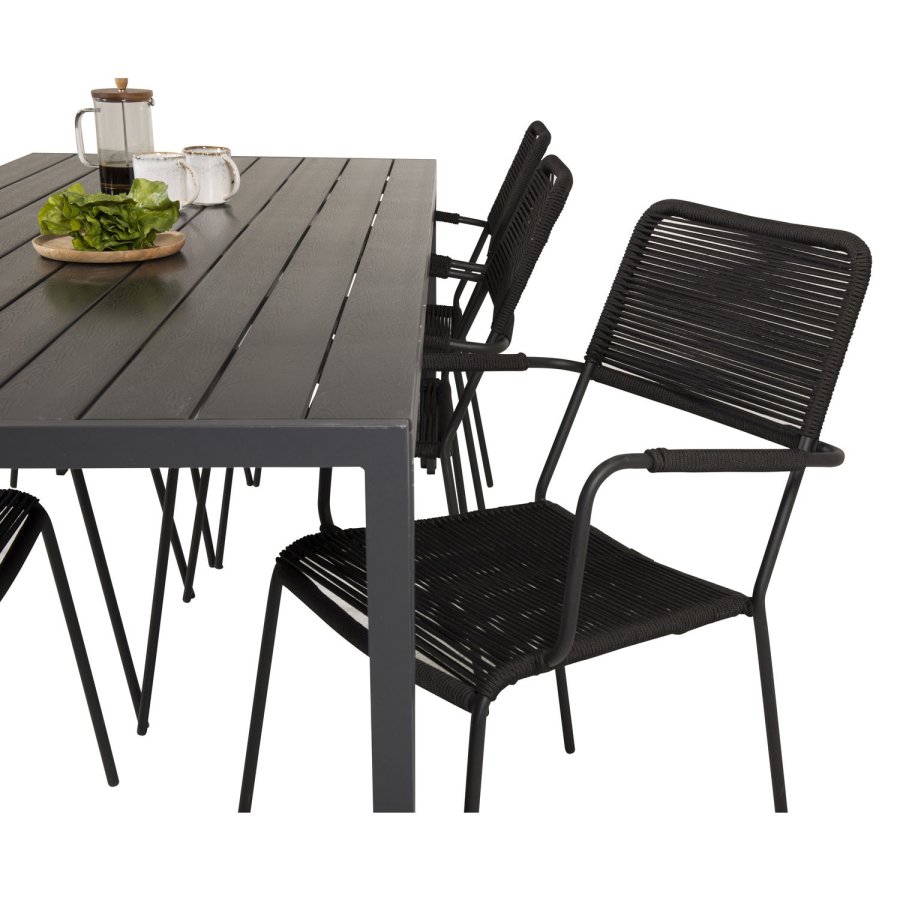 VENTURE DESIGN havest, m. Break bord (205x90) og 6 Lindos stole, m. armln - aintwood/alu/reb