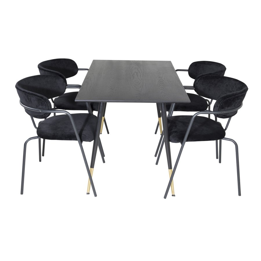 VENTURE DESIGN Dipp spisebordsett, m. 4 stoler - sort finér/messing sort metall, sort flyel/svart metall