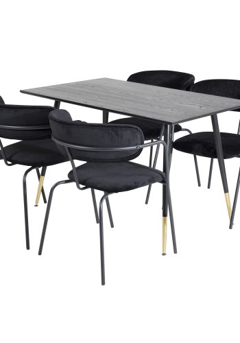 VENTURE DESIGN Dipp spisebordsett, m. 4 stoler - sort finér/messing sort metall, sort flyel/svart metall