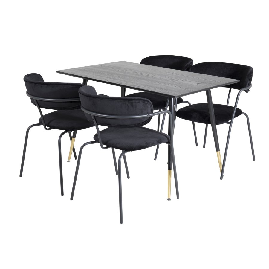 VENTURE DESIGN Dipp spisebordsett, m. 4 stoler - sort finér/messing sort metall, sort flyel/svart metall