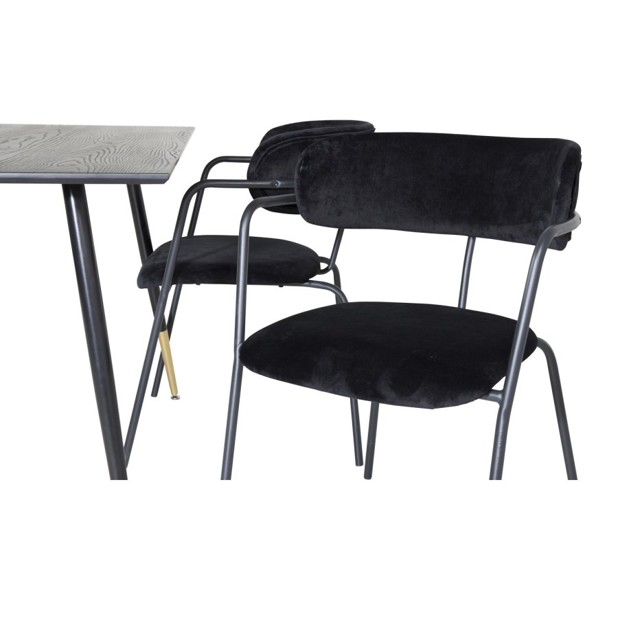 VENTURE DESIGN Dipp spisebordsett, m. 4 stoler - sort finér/messing sort metall, sort flyel/svart metall