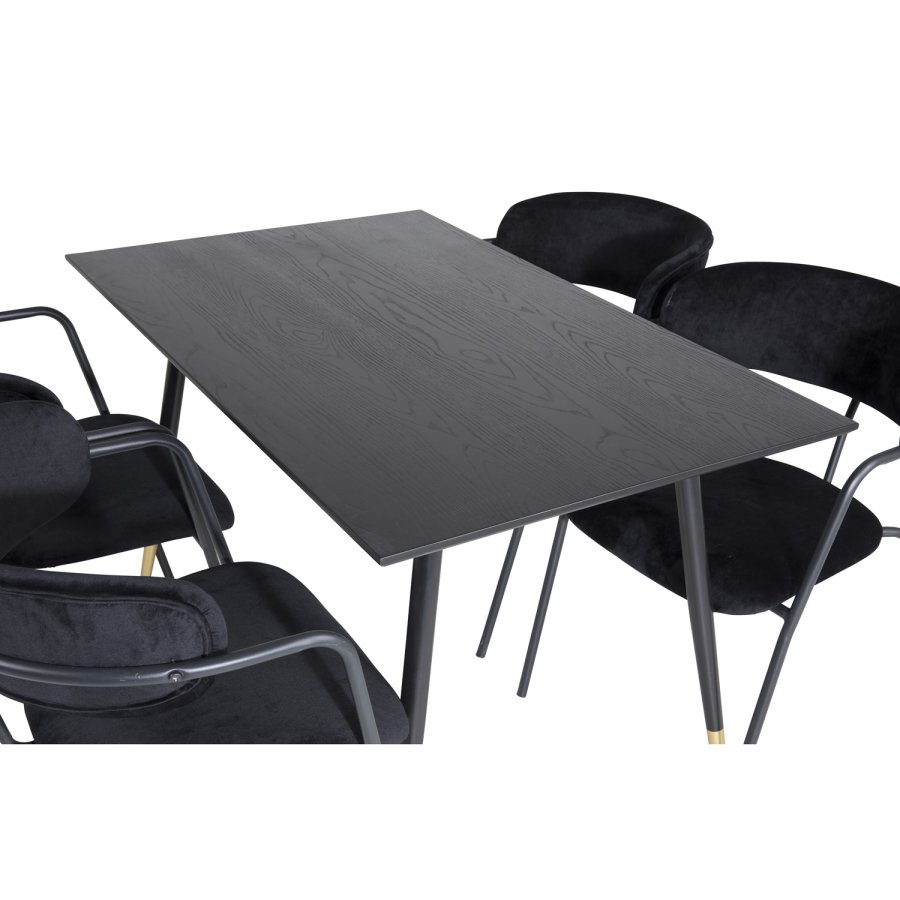 VENTURE DESIGN Dipp spisebordsett, m. 4 stoler - sort finér/messing sort metall, sort flyel/svart metall