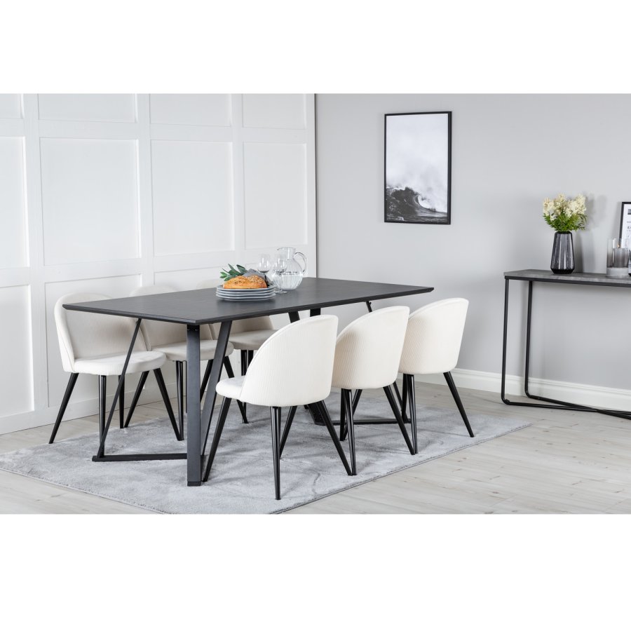 VENTURE DESIGN Marina spisebordsst, m. 6 stole - sort finer/sort metal og beige fljl/sort metal