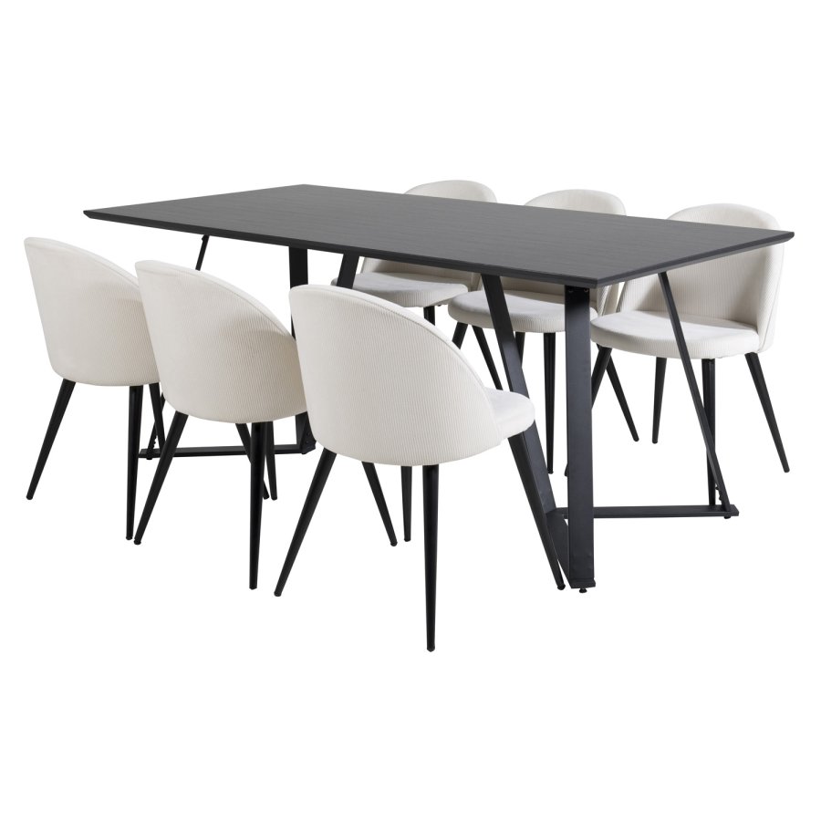 VENTURE DESIGN Marina spisebordsst, m. 6 stole - sort finer/sort metal og beige fljl/sort metal