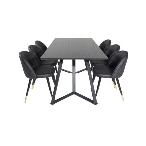 VENTURE DESIGN Marina Matbordsset, med 6 Stolar - Svart Fanér / Svart Metall, Svart PU / Mässing Svart Metall