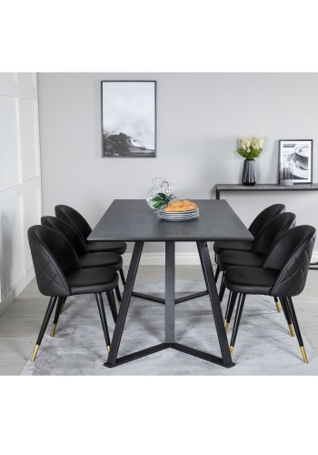 VENTURE DESIGN Marina spisebordsst, m. 6 stole - sort finer/sort metal, sort PU/messing sort metal
