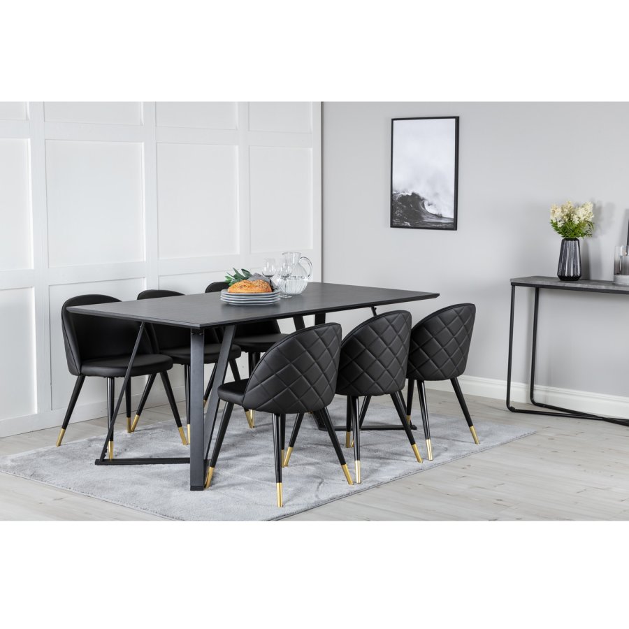 VENTURE DESIGN Marina spisebordsst, m. 6 stole - sort finer/sort metal, sort PU/messing sort metal