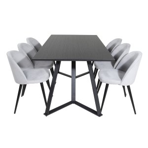 VENTURE DESIGN Marina Matbordsset, med 6 Stolar - Svart Fanér / Svart Metall och Gr Sammet / Svart Metall