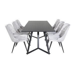 VENTURE DESIGN Marina Matbordsset, med 6 Stolar - Svart Fanér / Svart Metall och Ljusgr Sammet / Svart Metall